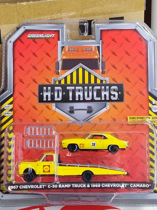 GreenLight HD Trucks Series 1967 Chevy C-30 Ramp Truck and '69 Camaro SHELL 1:64