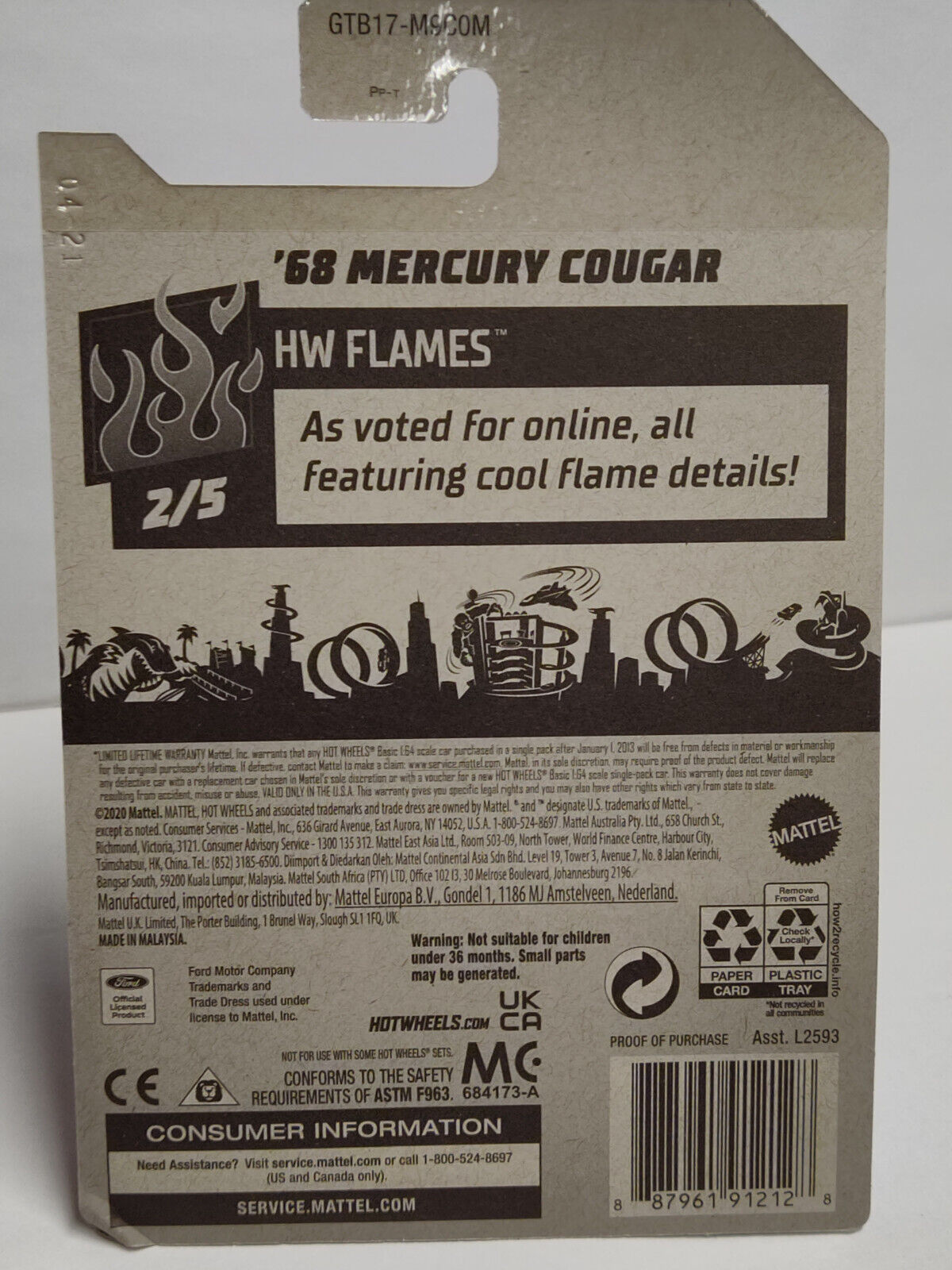 Hot Wheels #207 Flames Series #2 '68 Mercury Cougar SLIGHT BEND CARD (Loc X)