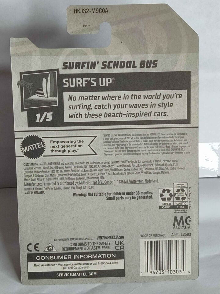 Hot Wheels #024 Surf's Up Series #1 Surfin School Bus BLISTR CRACKED (Wall 2)