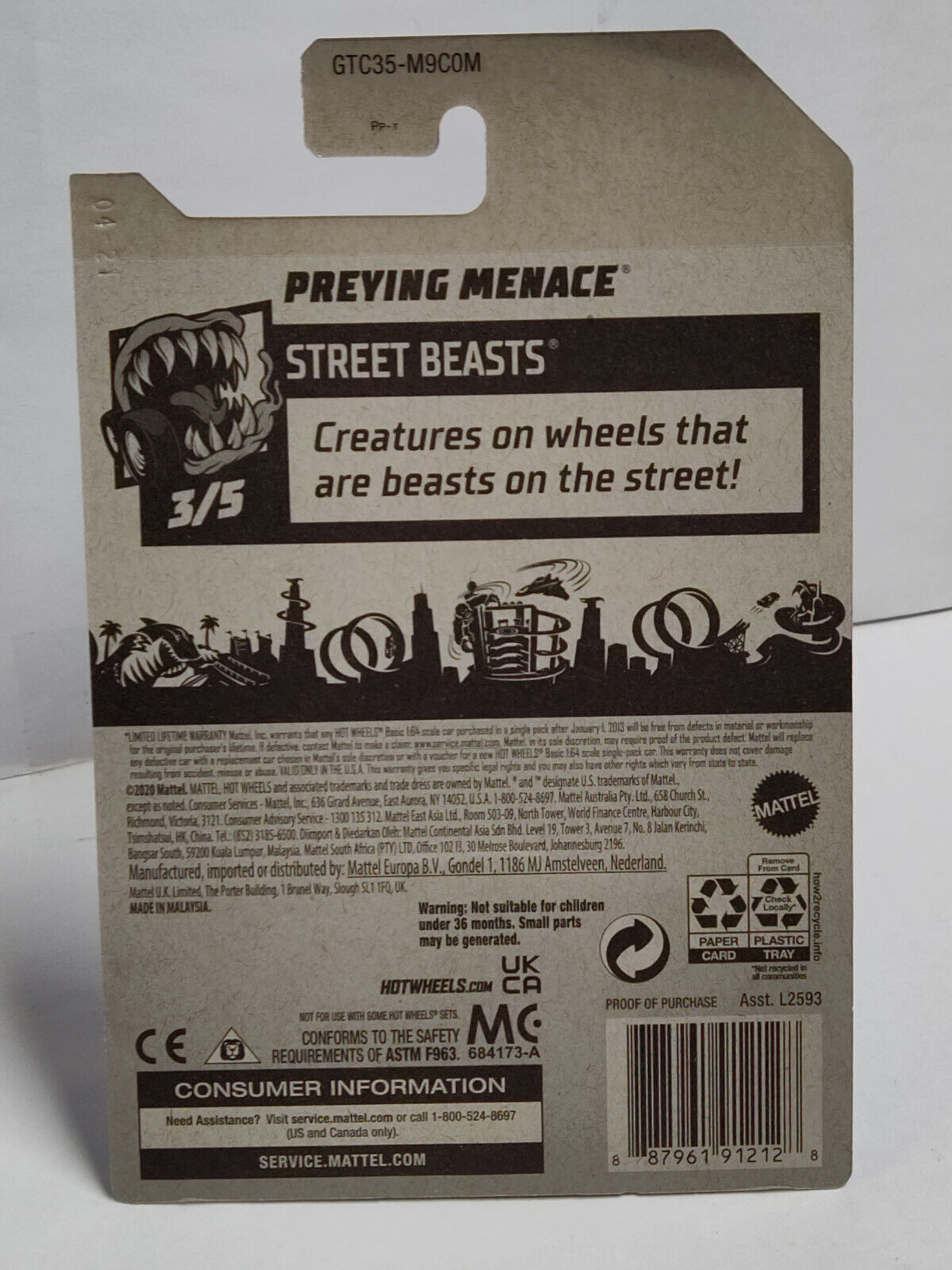 Hot Wheels #115 Mainline Street Beasts Series #3 Preying Menace CARD BENT AT TOP