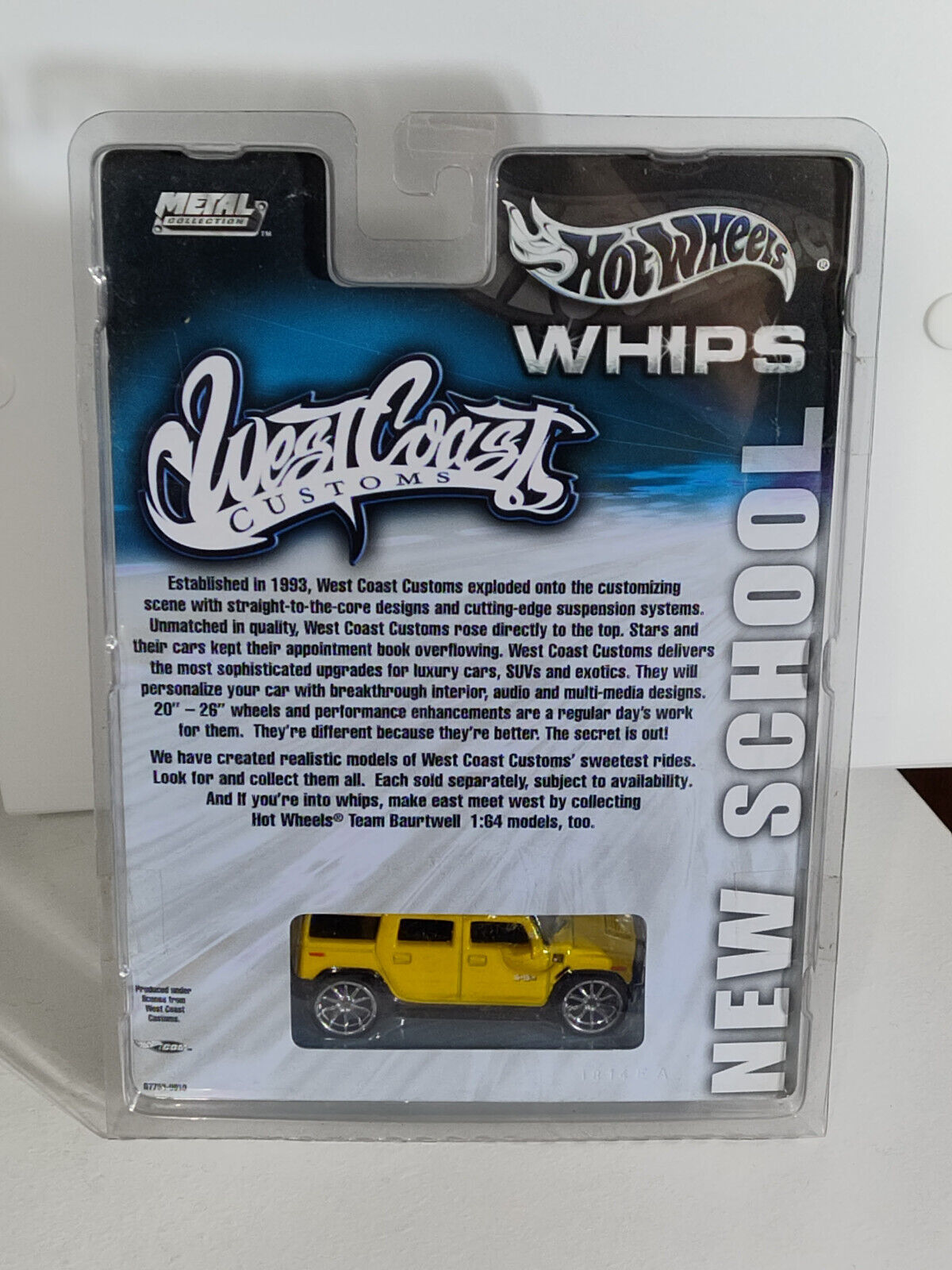 Hot Wheels WHIPS West Coast Customs Hummer H2 Yellow PACKAGE HAS SCRAPES ALL OVE